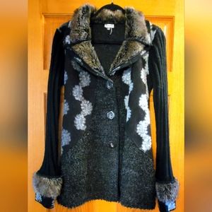 Sioni unique mixed knit with fur collar long button-down cardigan